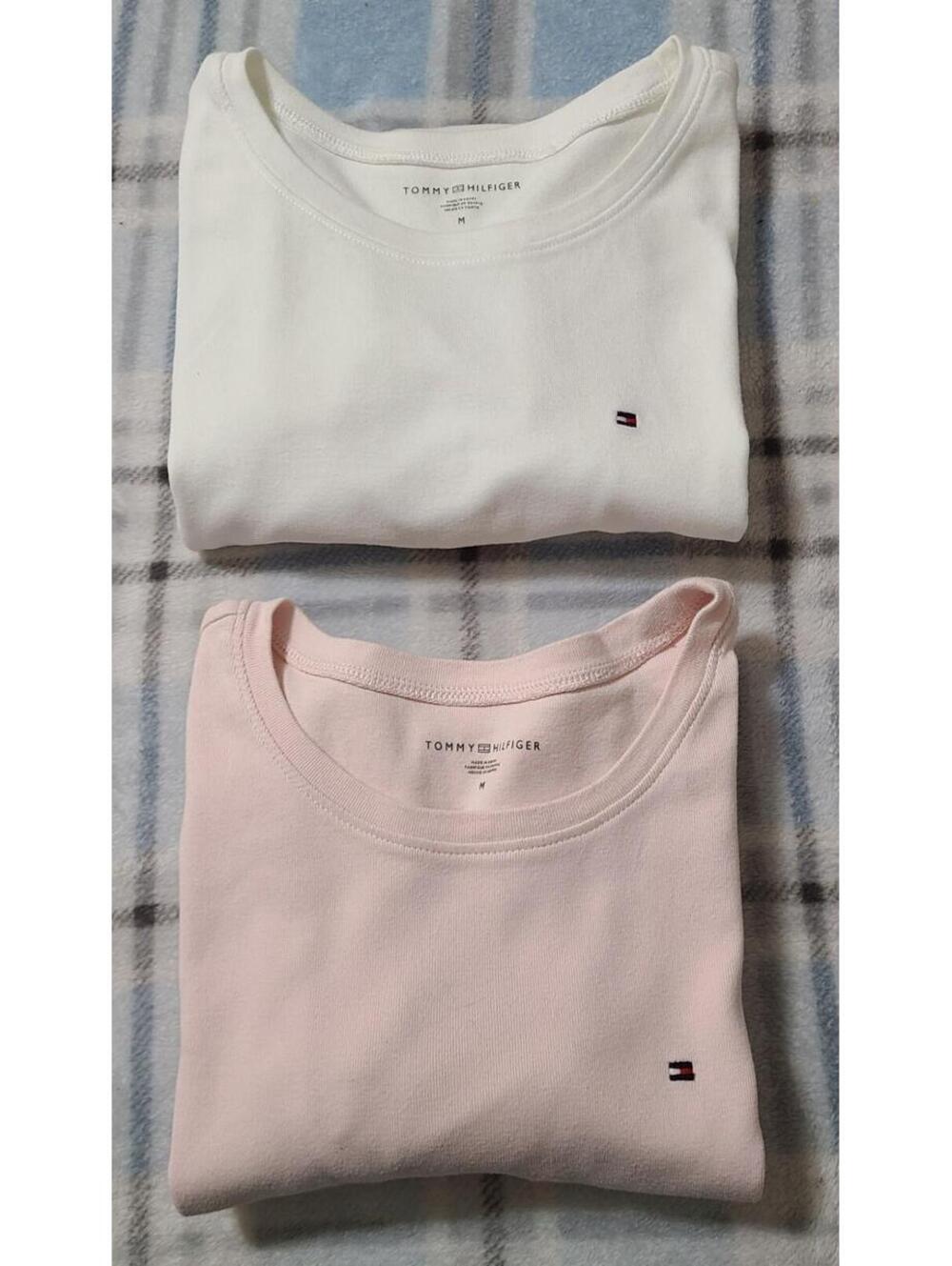 2pk Tommy Hilfiger Crew Neck Favorite SS Shirt Womens Sz Medium Pink White Logo